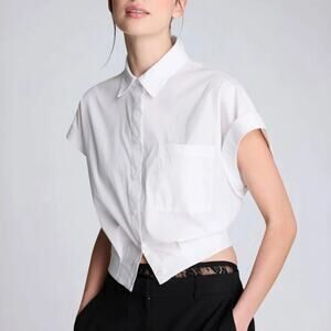 NWT Kenneth Cole Collared Cropped Structured Poplin Button Front Top Size S